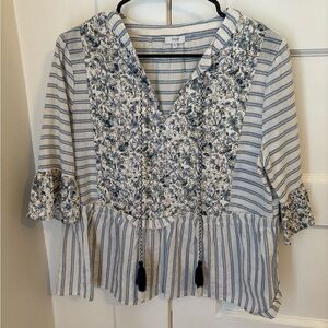 Voy Blue Floral and Striped Women's Blouse